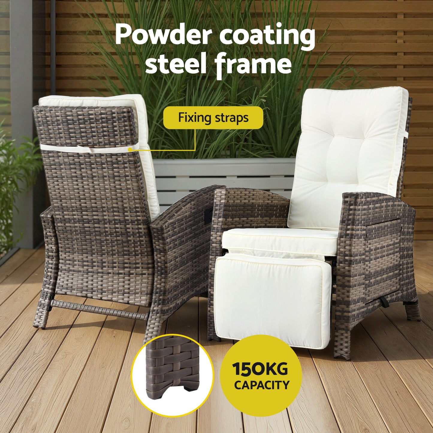 Gardeon 3PC Outdoor Bistro Set Recliner Chairs Table Sun lounge Patio Furniture Wicker Adjustable