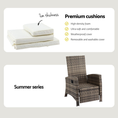 Gardeon 3PC Outdoor Bistro Set Recliner Chairs Table Sun lounge Patio Furniture Wicker Adjustable