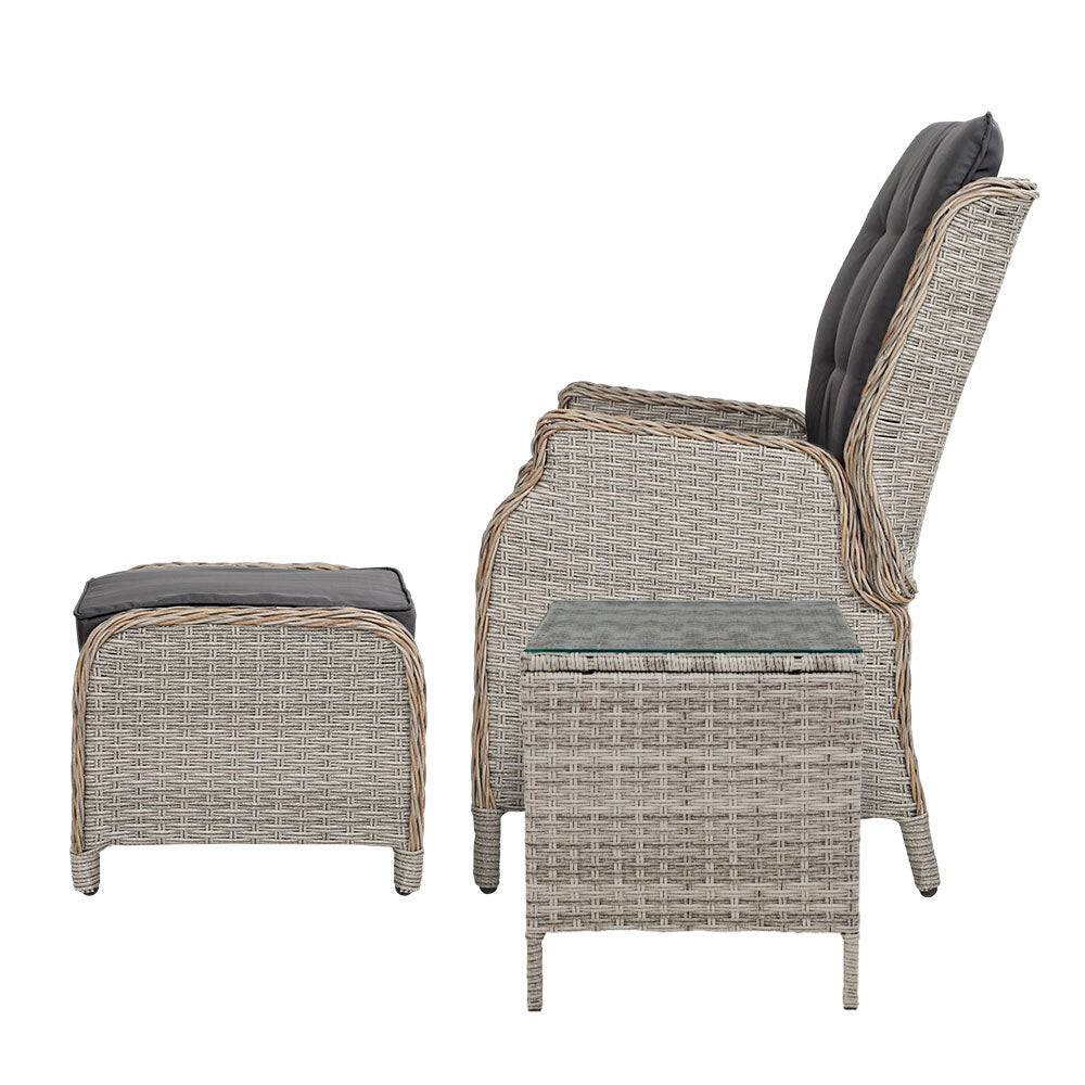 Gardeon 5PC Recliner Chairs Table Sun lounge Wicker Outdoor Furniture Adjustable Grey