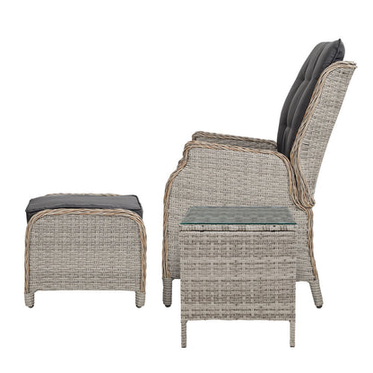 Gardeon 5PC Recliner Chairs Table Sun lounge Wicker Outdoor Furniture Adjustable Grey