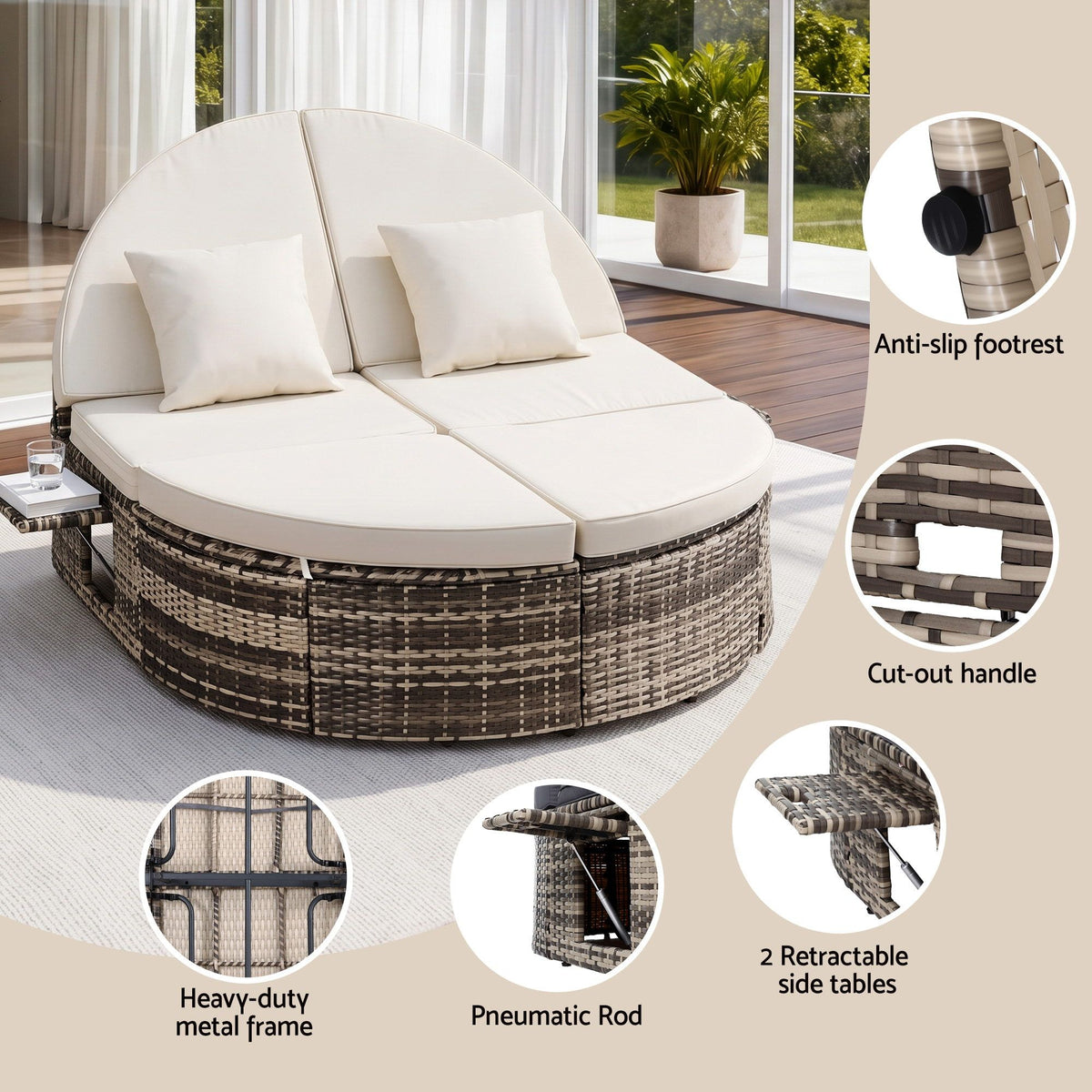 Gardeon Outdoor Day Bed Sun Lounge Setting Wicker Lounger Patio Furniture w/ Retractable Side Tray