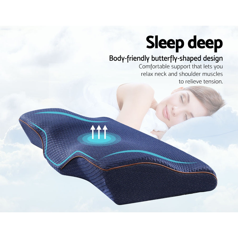 Giselle Memory Foam Pillow Neck Cervical Butterfly Ergonomic Support Navy