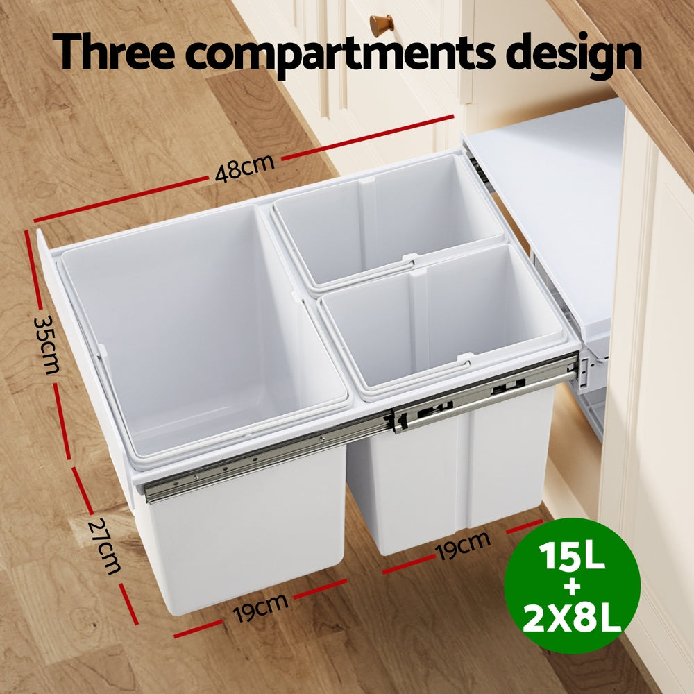 Cefito Pull Out Bin Kitchen Triple Slide Garbage Rubbish Bins Basket White 31L