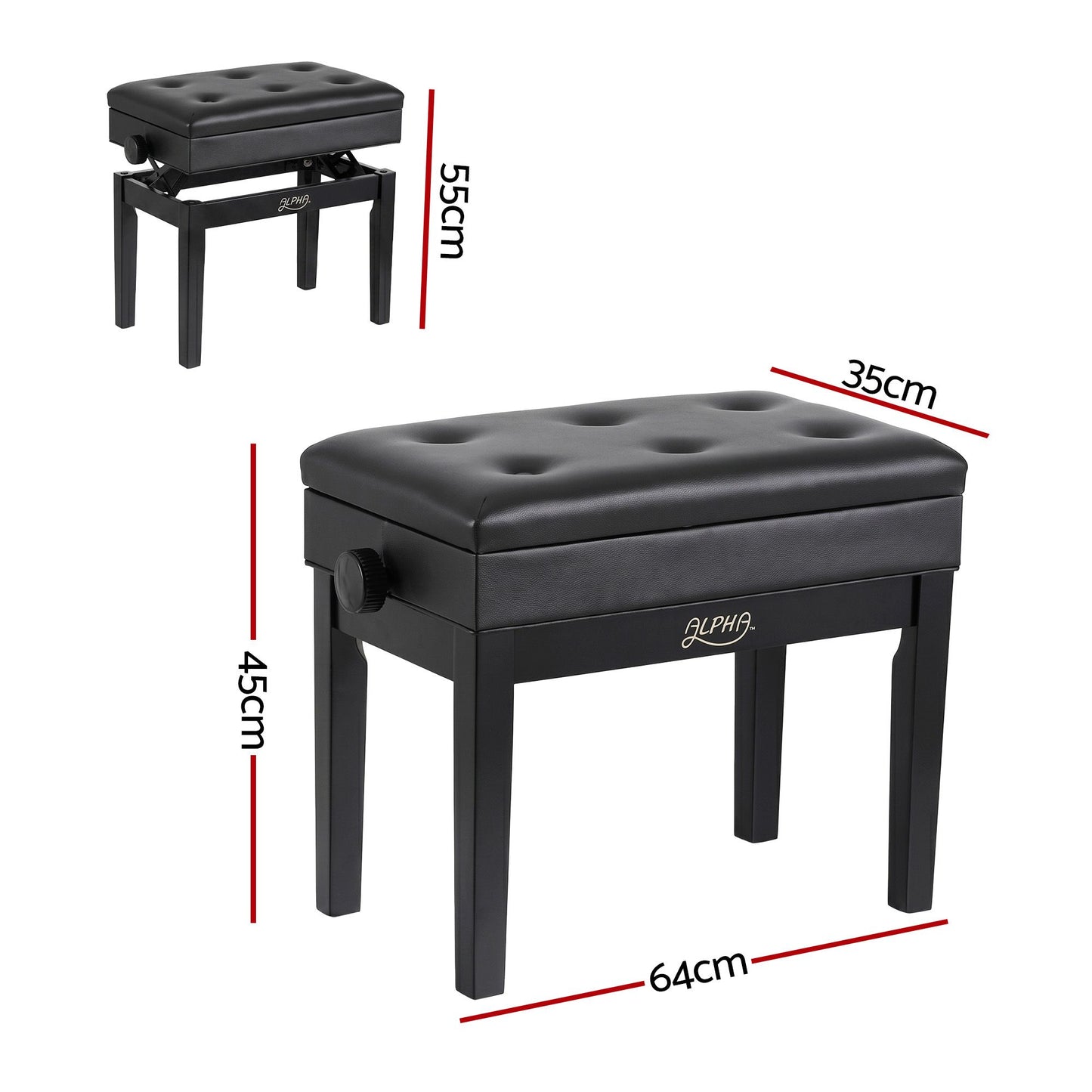 Alpha Adjustable Piano Bench Wooden Keyboard Seat Padded Music Chair Black