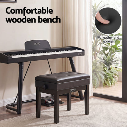 Alpha Adjustable Piano Bench Wooden Keyboard Seat Padded Music Chair Black