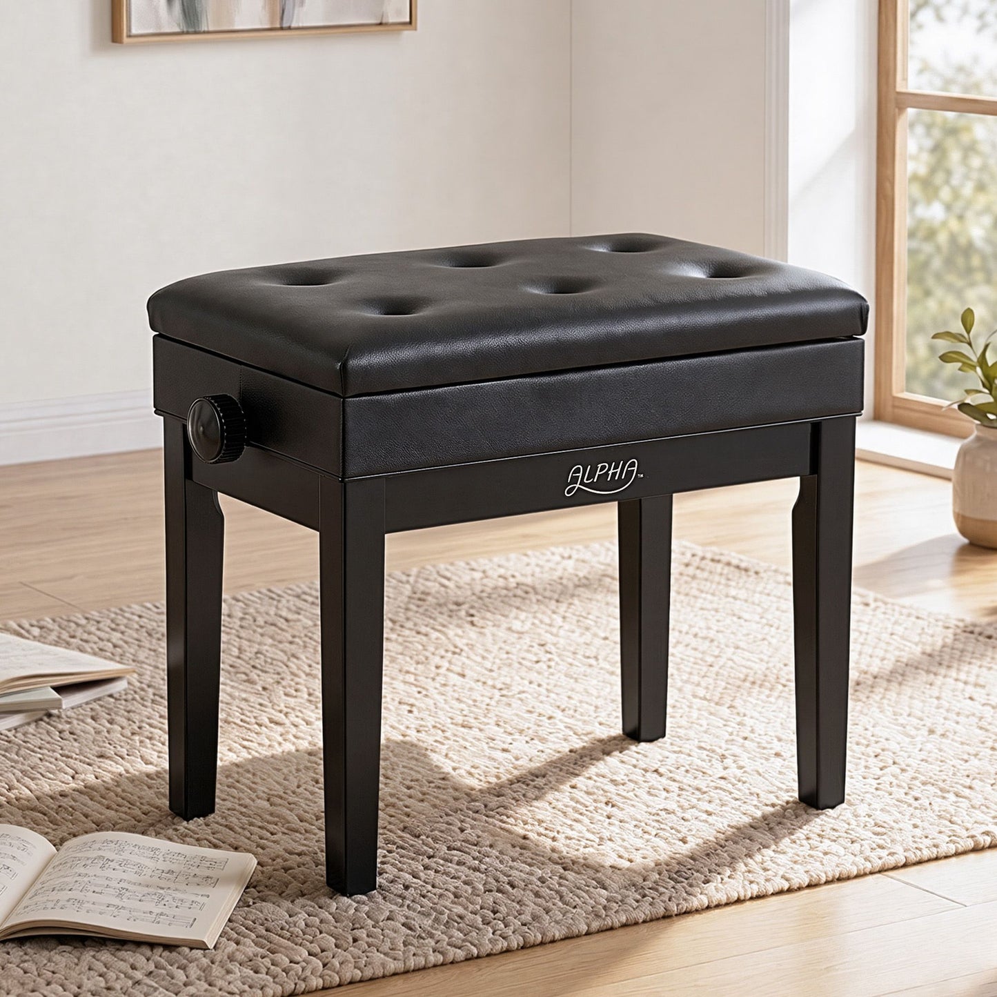 Alpha Adjustable Piano Bench Wooden Keyboard Seat Padded Music Chair Black