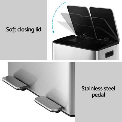 Cefito Pedal Bins Rubbish Bin Dual Compartment Waste Recycle Dustbins 60L Silver