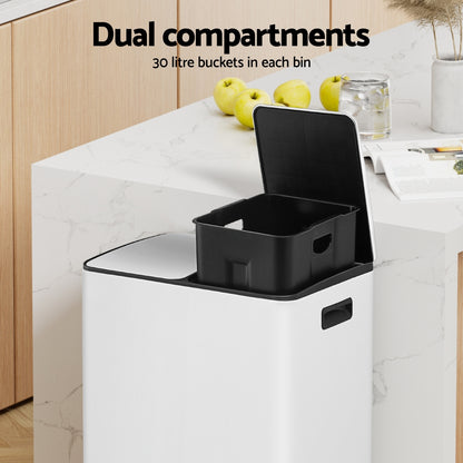 Cefito Pedal Bins Rubbish Bin Dual Compartment Waste Recycle Dustbins 60L White