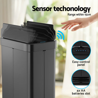 Devanti Rubbish Bin 70L Automatic Sensor Kitchen Bin, Slim Smart Garbage Can Touchless Rectangular with Liner Holder, Fully Closed Lid for Bedroom, Bathroom, Living Room, Black