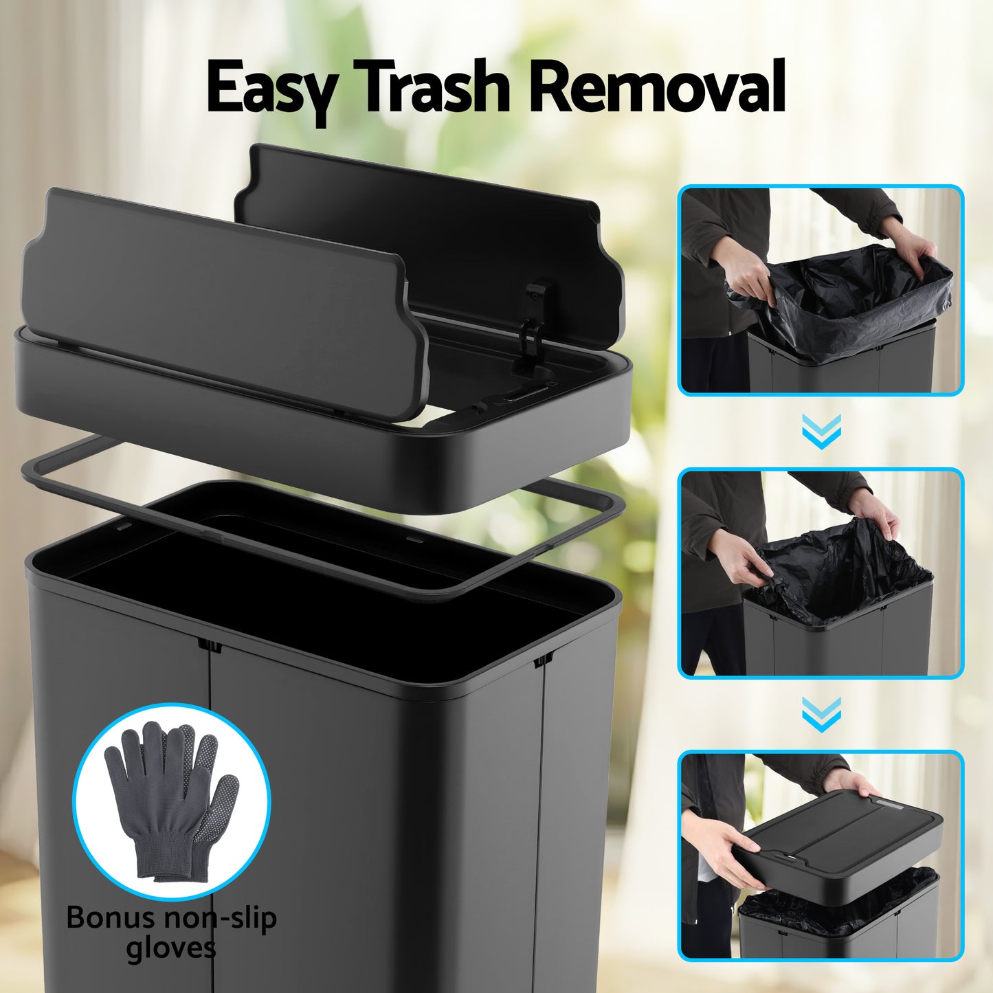 Devanti Rubbish Bin 70L Automatic Sensor Kitchen Bin, Slim Smart Garbage Can Touchless Rectangular with Liner Holder, Fully Closed Lid for Bedroom, Bathroom, Living Room, Black