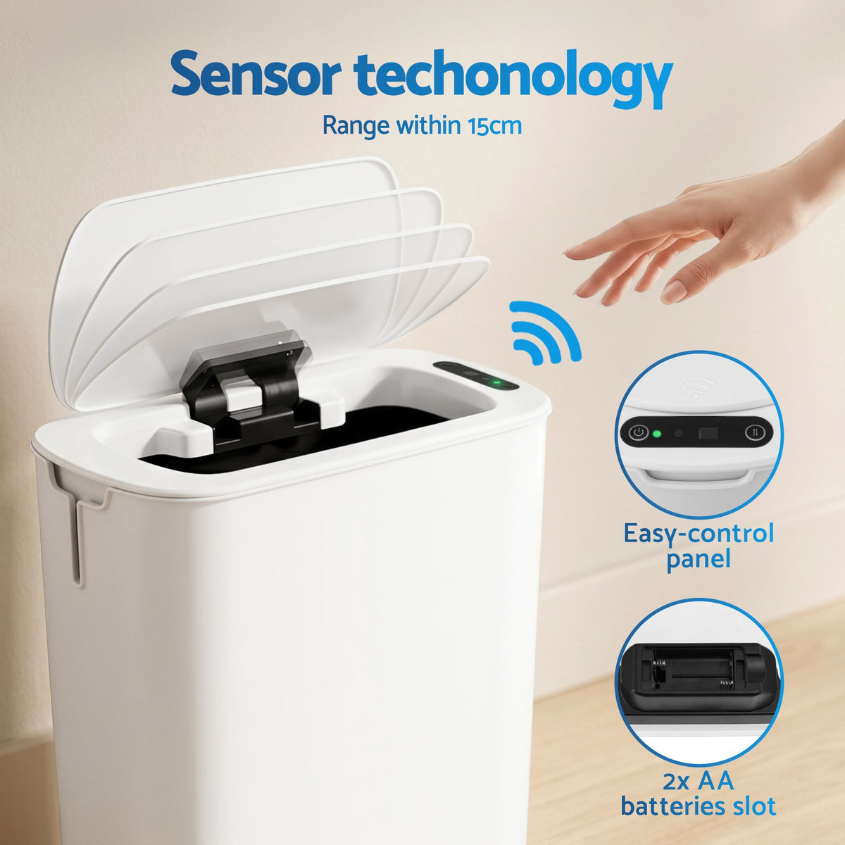 Devanti Automatic Trash Bin with Lid 11L Motion Sensor Kitchen Bin Touchless Garbage Can Modern White Plastic Slim Rubbish Bin with Liner Holder for Kitchen, Home, Office