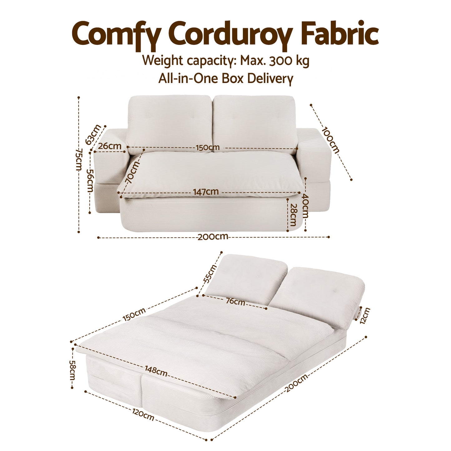 Artiss Convertible Folding Sofa Bed 30D High-Density Foam Boneless Couch with Corduroy Sleeper Couch Lounger for Living Room Beign