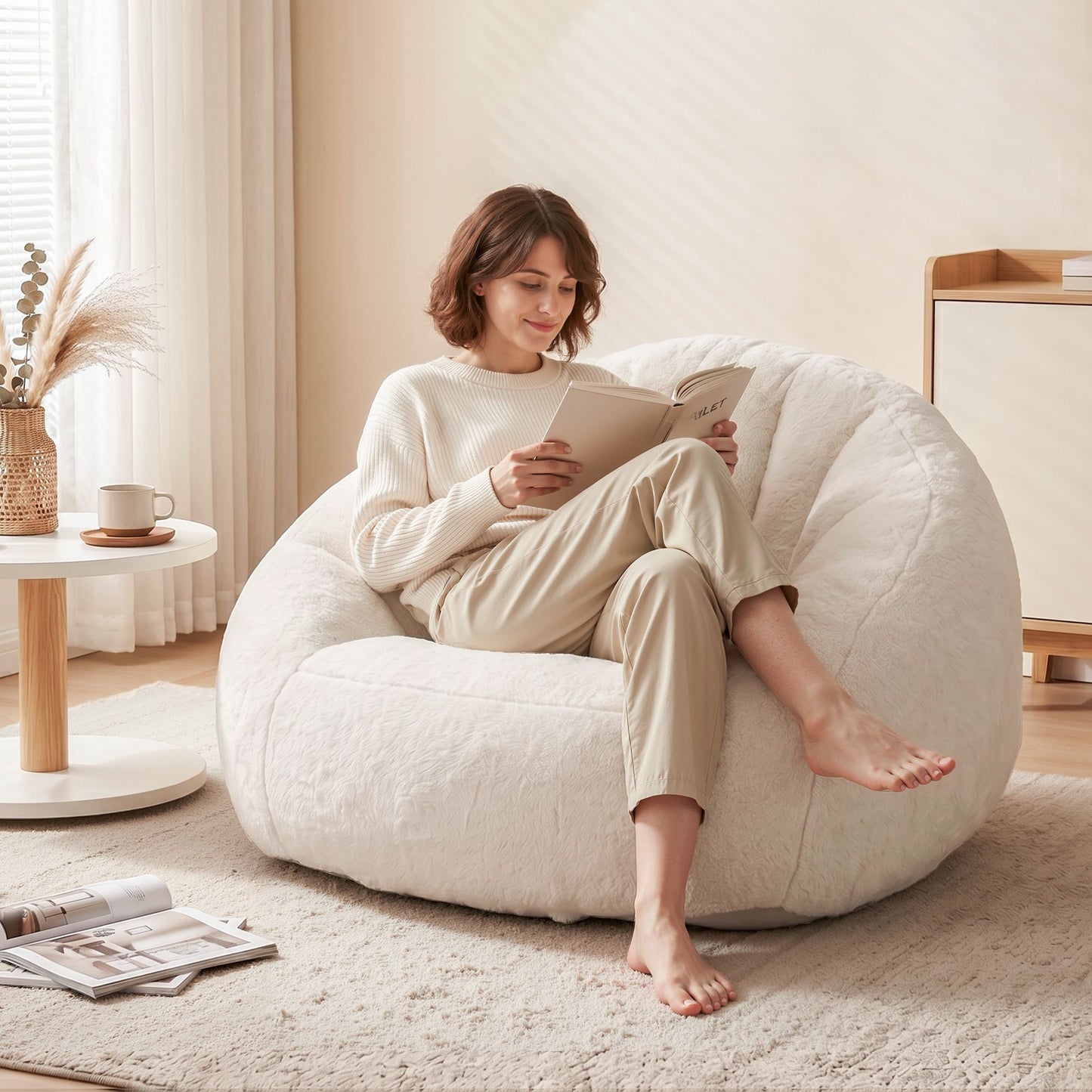 Artiss Single Small Boneless Couch Comfy Bean Bag for Living Room Faux Fur White