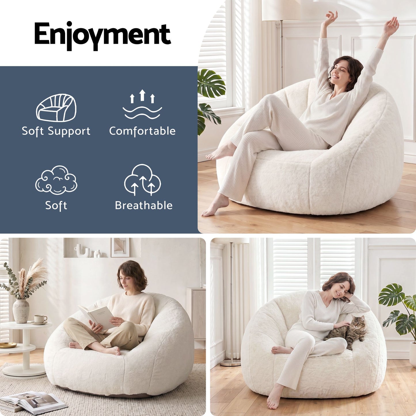 Artiss Single Small Boneless Couch Comfy Bean Bag for Living Room Faux Fur White