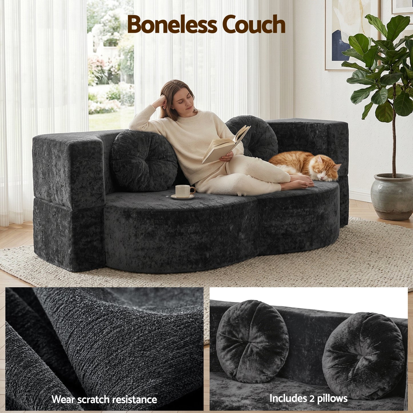 Artiss 2 in 1 Convertible Compressed Sofa Bed, Folding Boneless Sofabed for Living Room ,Comfort Curved Sleeper Couch with High Density Sponge, Apartment Essentials, No Assembly, 2 Pillows, Grey