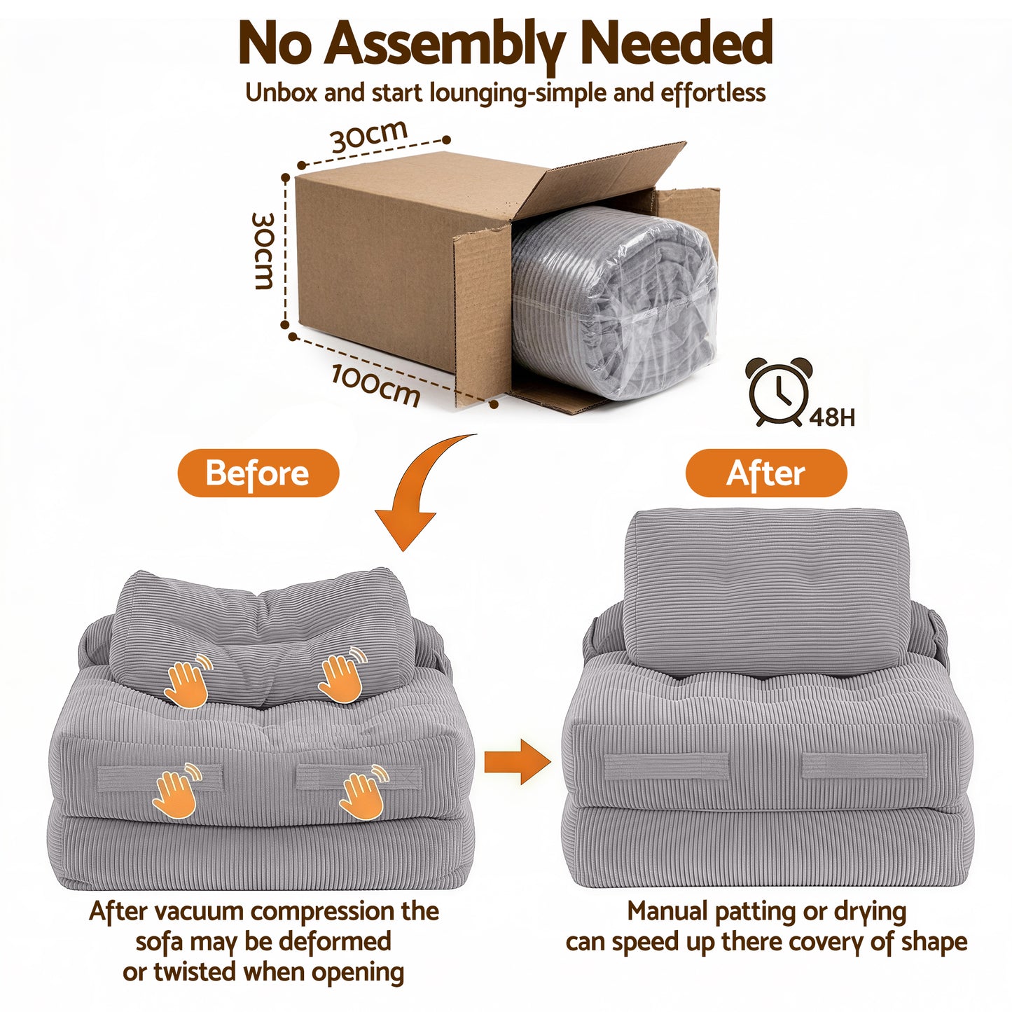 Artiss 1 Seater Corduroy Convertible Sofa Bed Pull Out Boneless Couch Grey