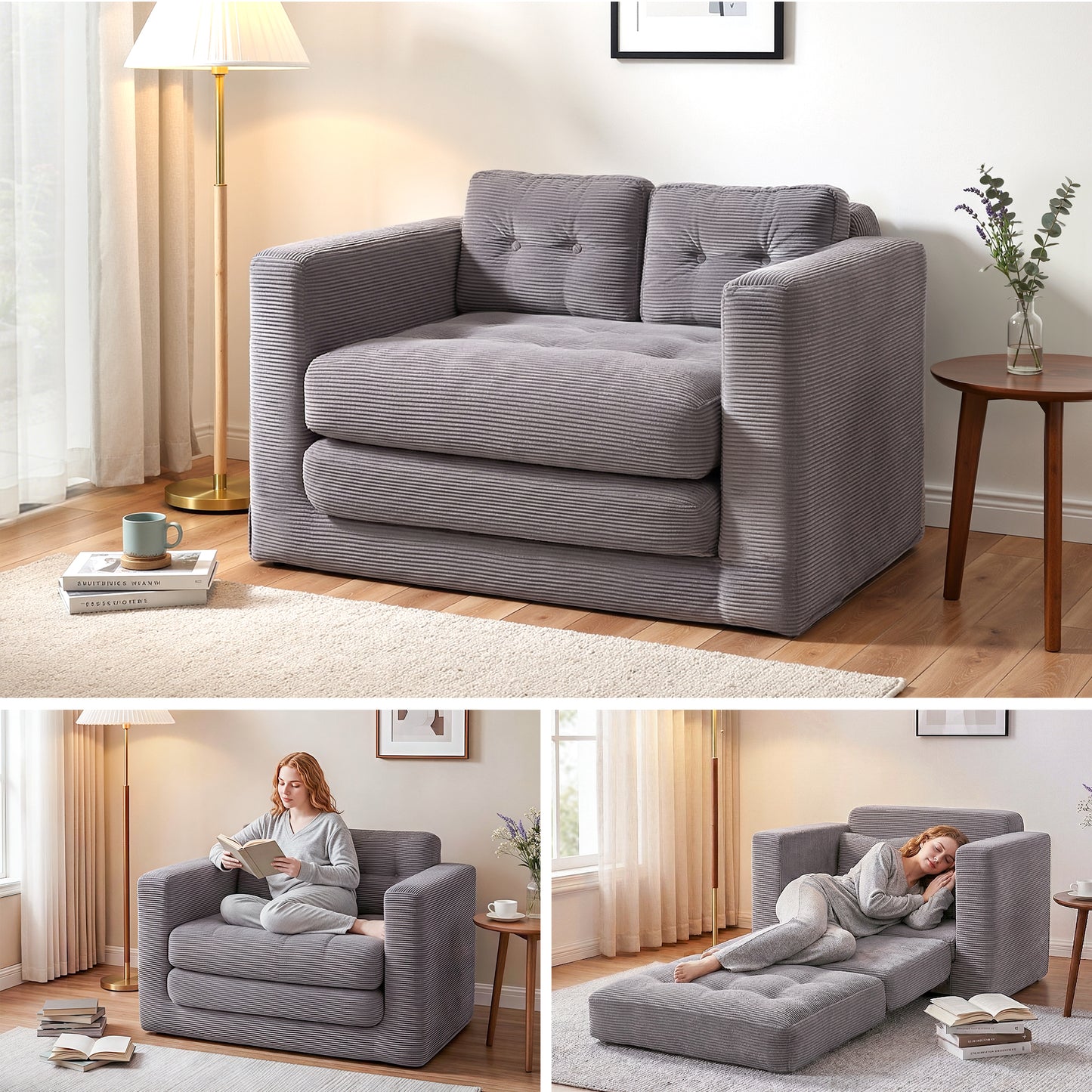 Artiss 2 Seater Corduroy Convertible Sofa Bed Pull Out Boneless Couch Grey