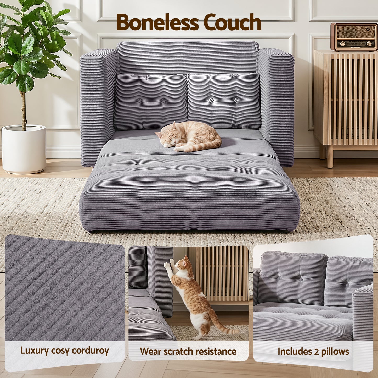 Artiss 2 Seater Corduroy Convertible Sofa Bed Pull Out Boneless Couch Grey