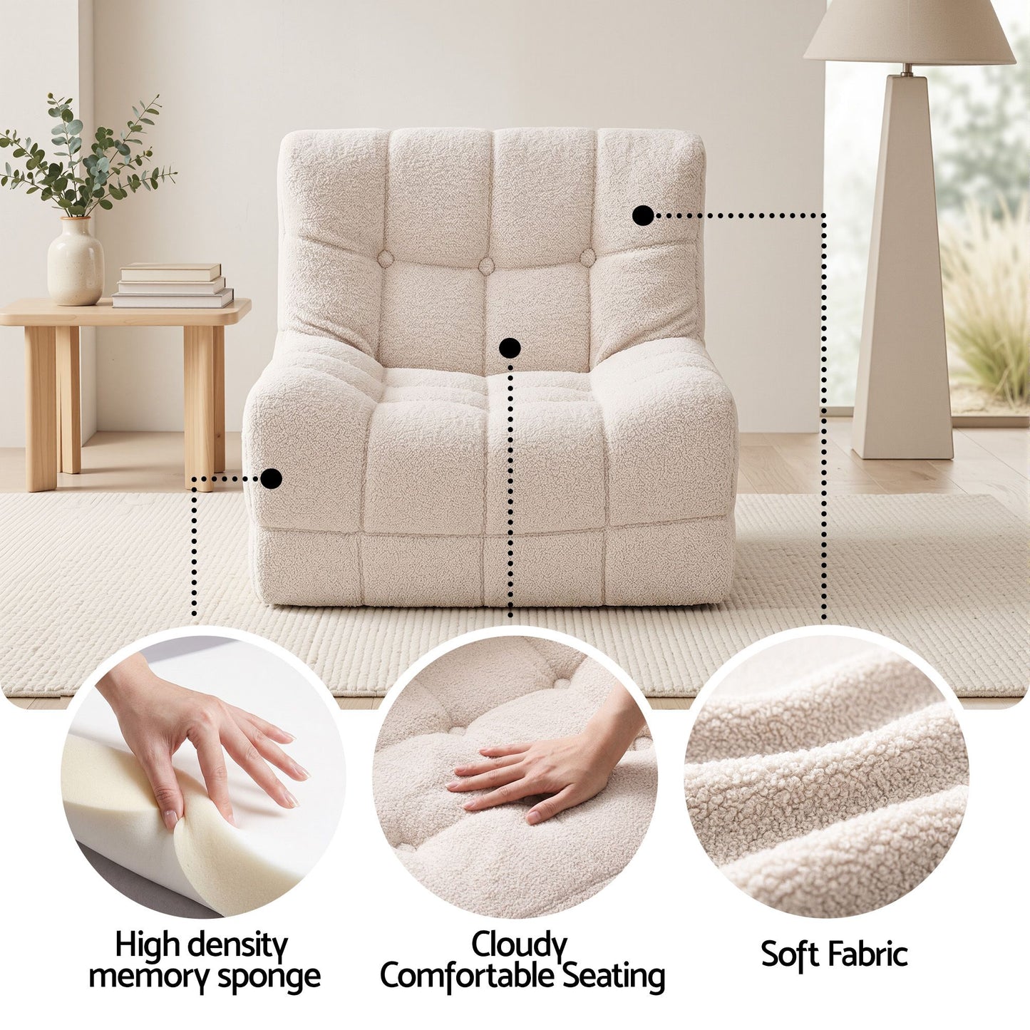 Artiss Single Small Boneless Couches for Living Room White Fabric