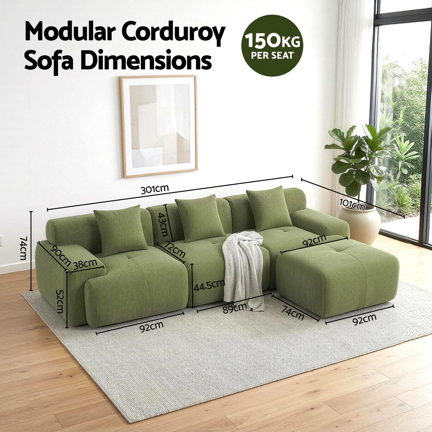 Artiss 300cm Modular Sofa Bed Comfort L-Shaped Sectional Boneless Couch Green