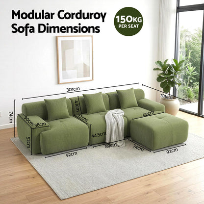 Artiss 300cm Modular Sofa Bed Comfort L-Shaped Sectional Boneless Couch Green
