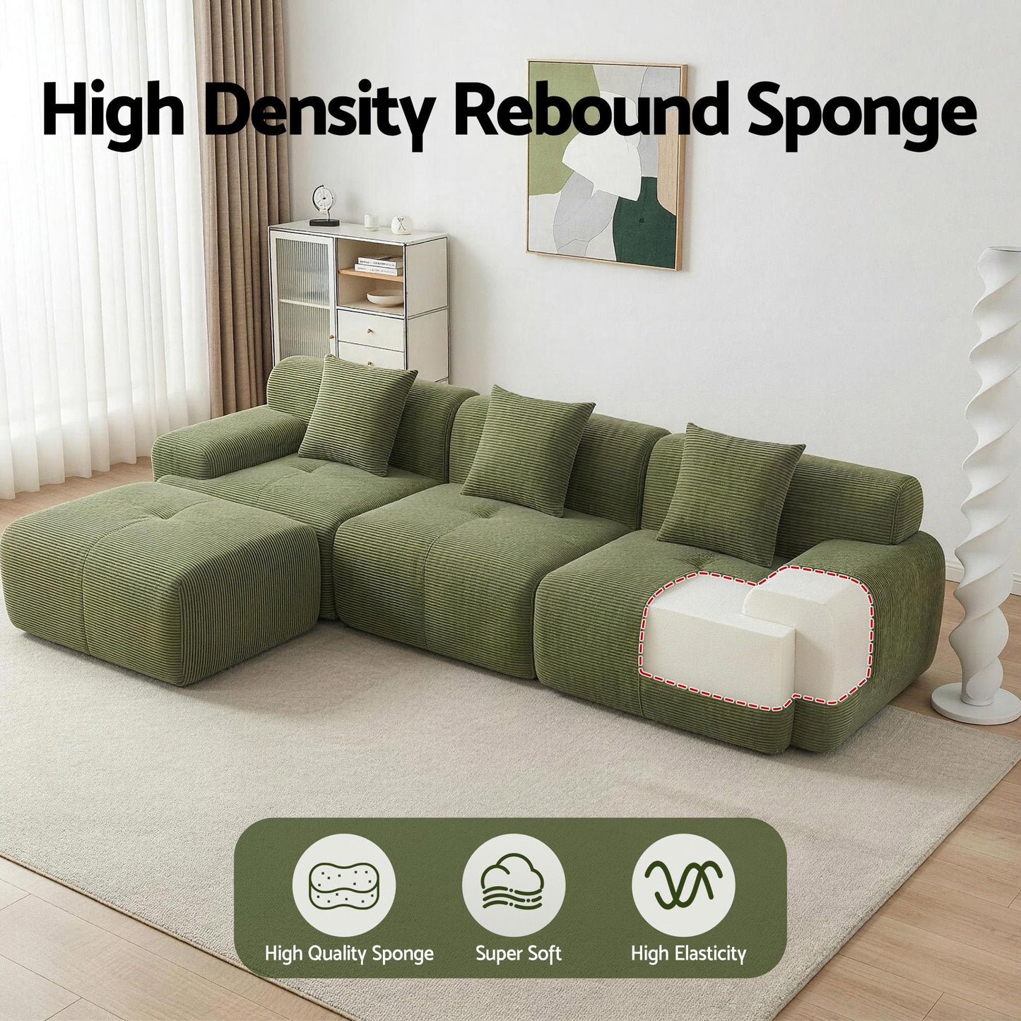 Artiss 300cm Modular Sofa Bed Comfort L-Shaped Sectional Boneless Couch Green