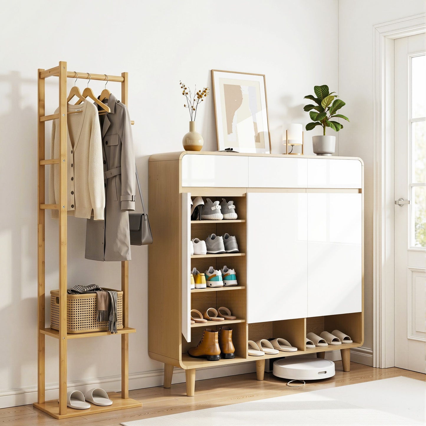 Artiss Shoe Rack Cabinet Wooden & Bamboo Clothes Rack Set Storage Shelf White Pine