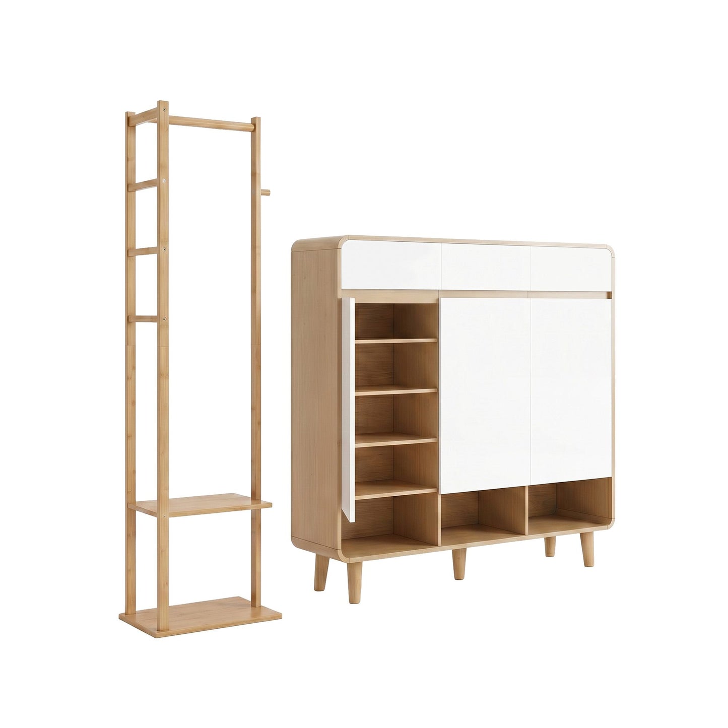 Artiss Shoe Rack Cabinet Wooden & Bamboo Clothes Rack Set Storage Shelf White Pine