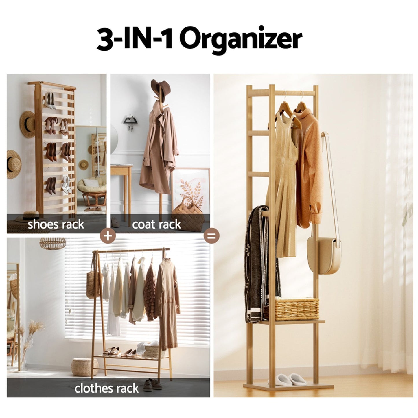 Artiss Shoe Rack Cabinet Wooden & Bamboo Clothes Rack Set Storage Shelf White Pine