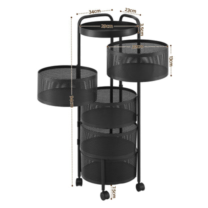 Artiss Storage Trolley Kitchen Cart 5 Tiers Storage Rack Round Basket Black