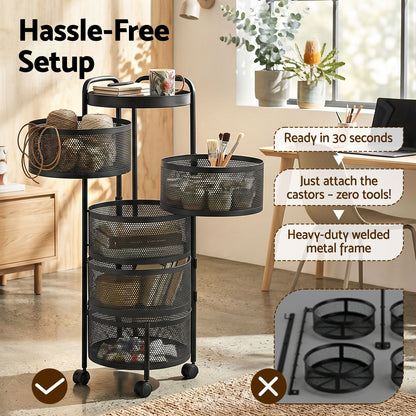 Artiss Storage Trolley Kitchen Cart 5 Tiers Storage Rack Round Basket Black
