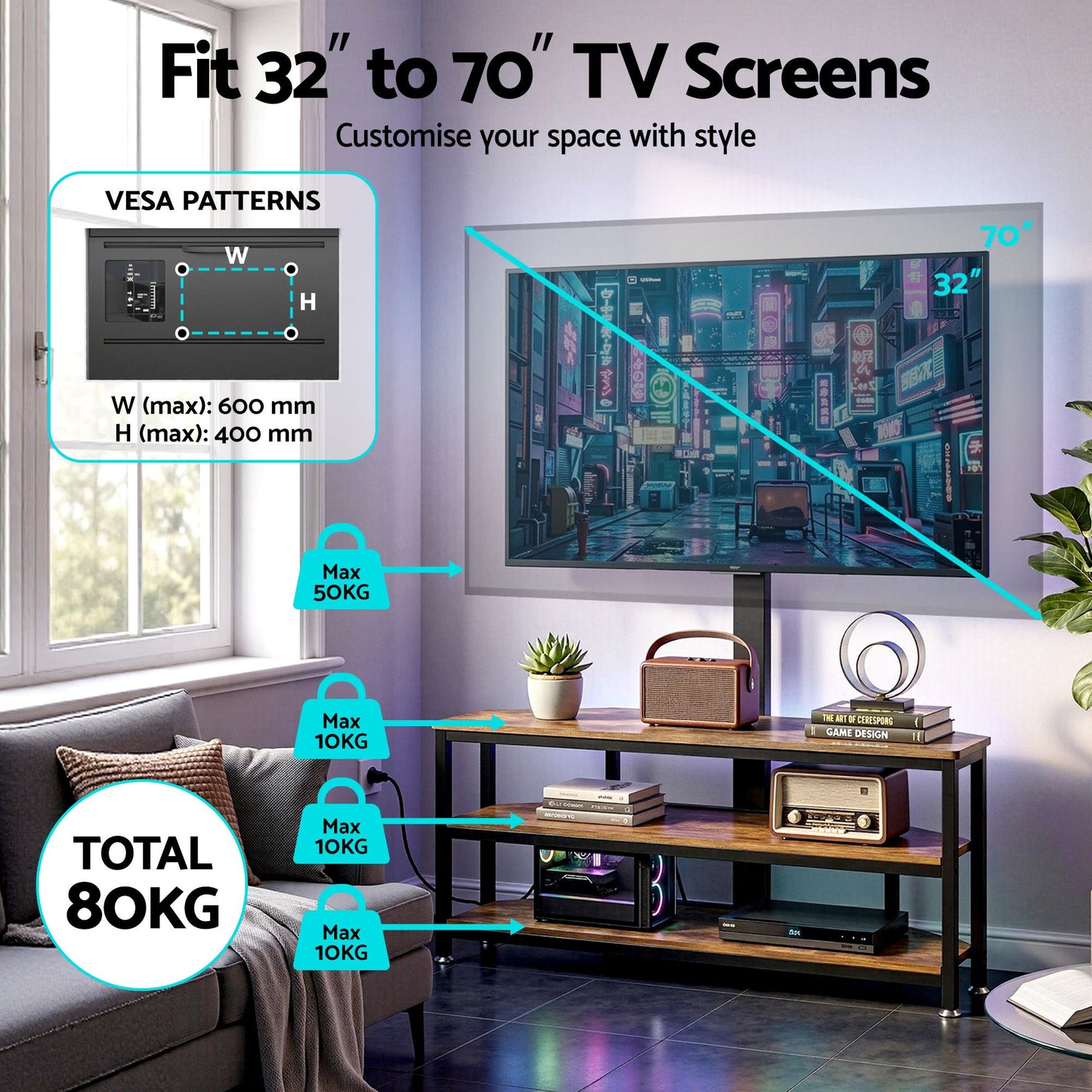 Artiss Corner TV Stand 32-70" w/ Mount LED Lights & Power Outlet Space Saving