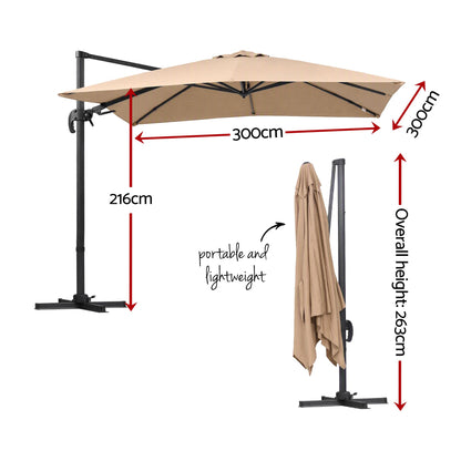 Instahut Outdoor Umbrella 3m Left-right Tilting Cantilever Patio Parasol Beige