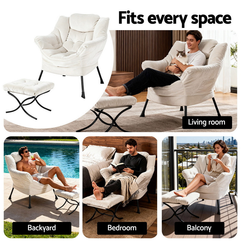 Artiss Armchair Accent Chair Ottoman Lounge Footrest Velvet White