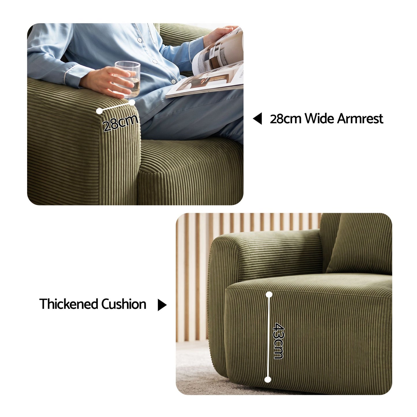 Artiss Compressed Armchair Sofa with Cushion Corduroy No Assembly Green