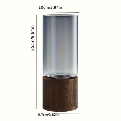 Black wood base vase, cylindrical glass vase, home decor vase, flower vase, high quality vase, Australian home decor, modern vase, natural wood vase