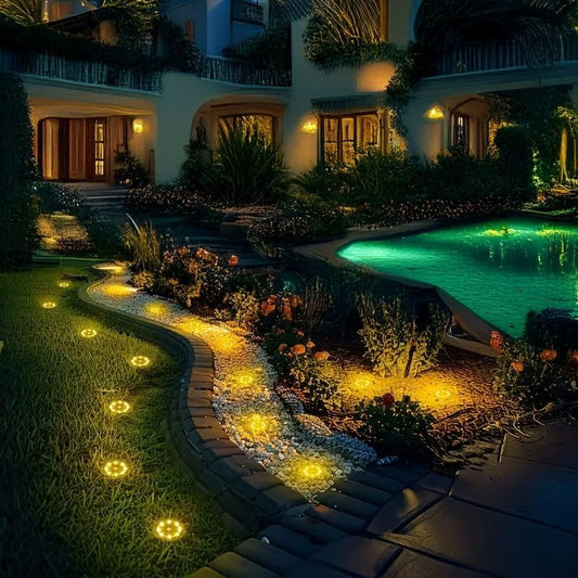 solar ground disk lights, outdoor lighting Australia, 8 LED lights, stainless steel solar lights, path lighting, garden driveway lights, courtyard lawn lighting, solar powered ground lights, energy efficient garden lights, automatic dusk to dawn lights -
