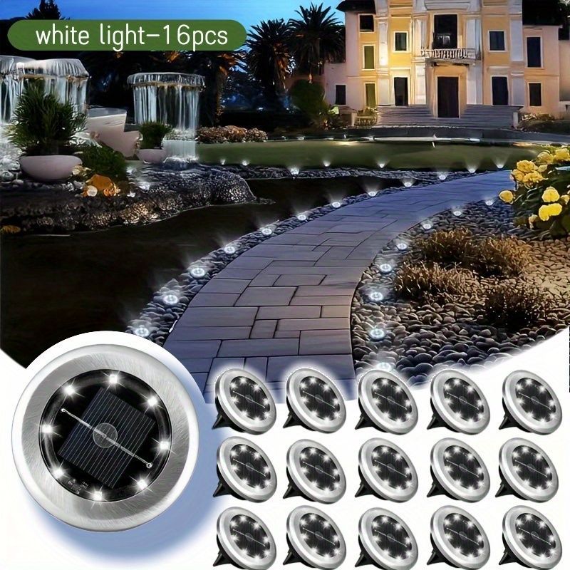 solar ground disk lights, outdoor lighting Australia, 8 LED lights, stainless steel solar lights, path lighting, garden driveway lights, courtyard lawn lighting, solar powered ground lights, energy efficient garden lights, automatic dusk to dawn lights -