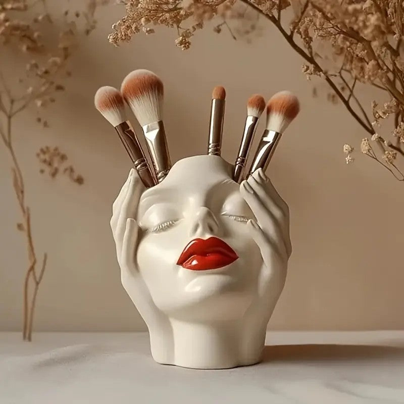 Gazing Muse — "Hands-on Beauty" Resin Brush Holder with Sculpted Bust Design.1 Piece Elegant Resin Makeup Brush Holder with Red Lips Design - Lightweight Synthetic Cosmetics Organizer Box, Standalone Desktop Storage Case for Bathroom or Dressing Table