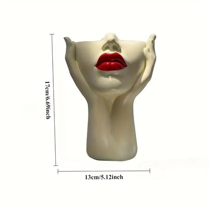 Gazing Muse — "Hands-on Beauty" Resin Brush Holder with Sculpted Bust Design.1 Piece Elegant Resin Makeup Brush Holder with Red Lips Design - Lightweight Synthetic Cosmetics Organizer Box, Standalone Desktop Storage Case for Bathroom or Dressing Table