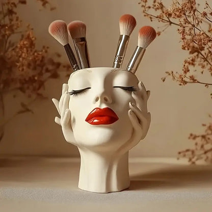 Lip's Whisper, Light's Embrace" — Sculptural Resin Vanity Brush Holder with Red Accent.1 Piece Elegant Resin Makeup Brush Holder with Red Lips Design - Lightweight Synthetic Cosmetics Organizer Box, Standalone Desktop Storage Case for Bathroom or Dressing