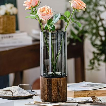 Black wood base vase, cylindrical glass vase, home decor vase, flower vase, high quality vase, Australian home decor, modern vase, natural wood vase