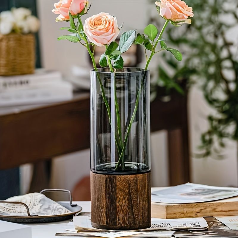 Black wood base vase, cylindrical glass vase, home decor vase, flower vase, high quality vase, Australian home decor, modern vase, natural wood vase