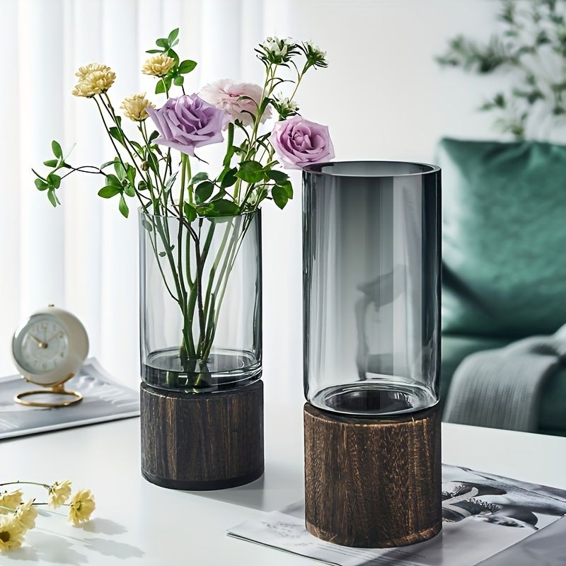 Black wood base vase, cylindrical glass vase, home decor vase, flower vase, high quality vase, Australian home decor, modern vase, natural wood vase