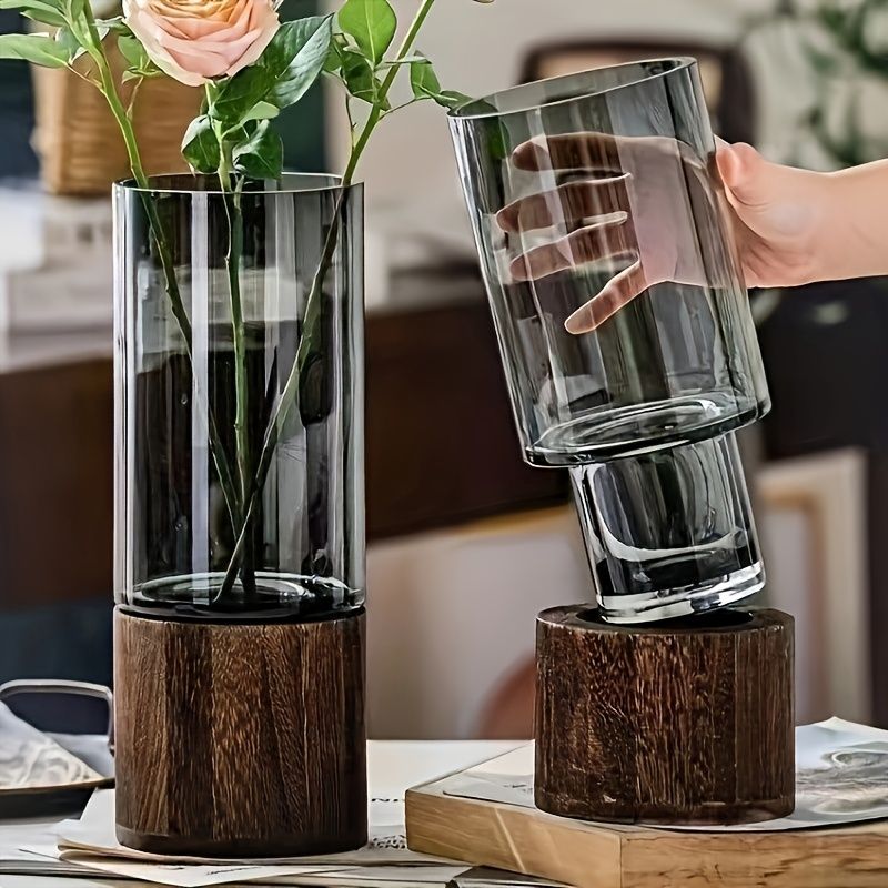 Black wood base vase, cylindrical glass vase, home decor vase, flower vase, high quality vase, Australian home decor, modern vase, natural wood vase