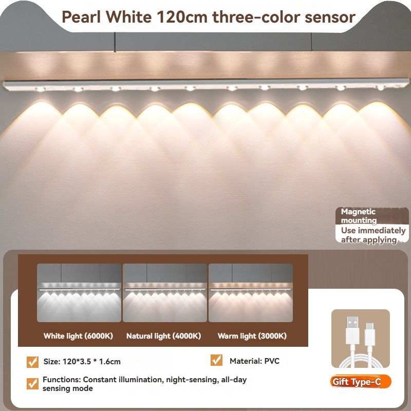 LED Strip Light Motion Sensor Light Rechargeable Light Magnetic Strip Light USB - White - Size 120CM