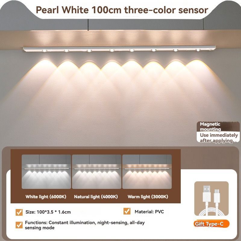 LED Strip Light Motion Sensor Light Rechargeable Light Magnetic Strip Light USB - White - Size 20CM