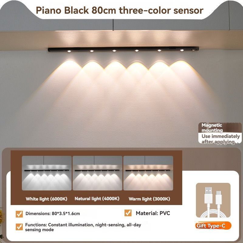 LED Strip Light Motion Sensor Light Rechargeable Light Magnetic Strip Light USB - Black - Size 100CM