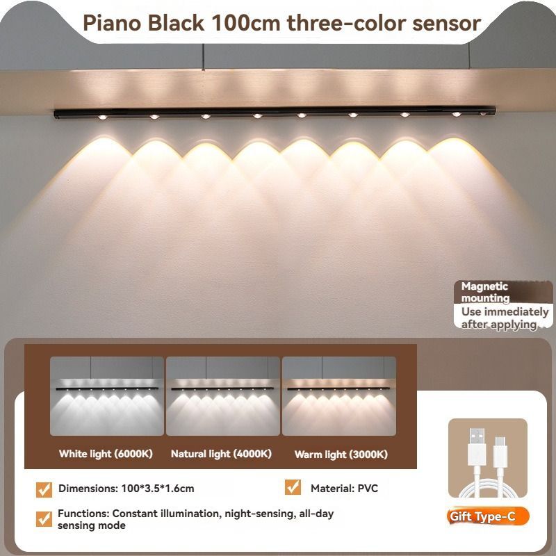 LED Strip Light Motion Sensor Light Rechargeable Light Magnetic Strip Light USB - Black - Size 20CM