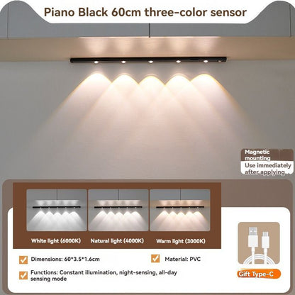 LED Strip Light Motion Sensor Light Rechargeable Light Magnetic Strip Light USB - Black - Size 30CM